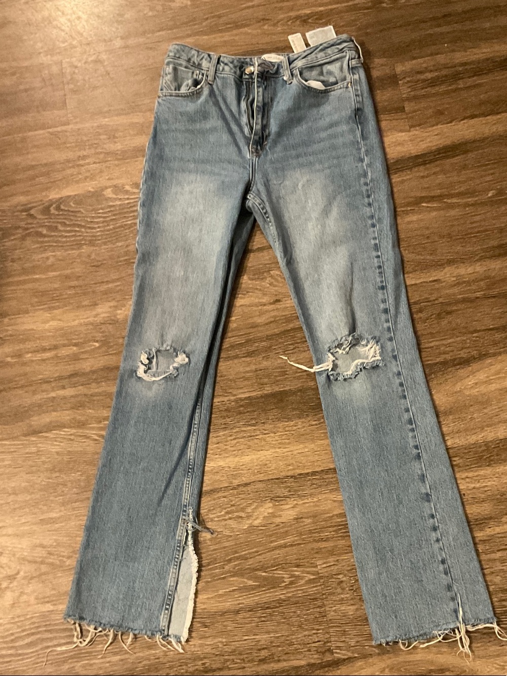 Zara Light Blue Distressed Straight Leg Jeans